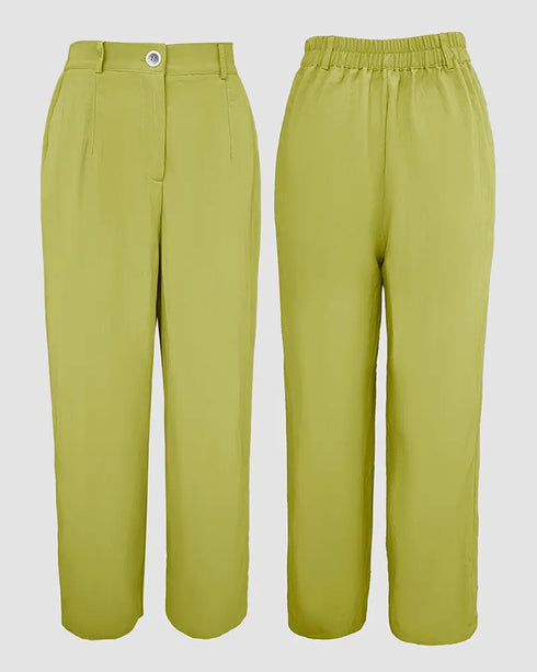 2 Pieces Outfit Turn-down Collar Turn-Up Sleeves Button Front Flap Pockets Design Top and Causal Zipper Fly Elastic Back Waist Wide Leg Pants Set green