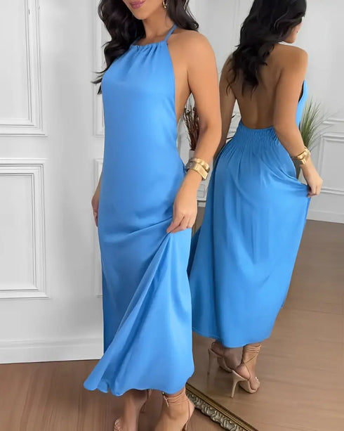 Halter Sleeveless Backless Maxi Dress Casual Shirred Back Side Slit Vacation Dress blue