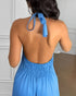 Halter Sleeveless Backless Maxi Dress Casual Shirred Back Side Slit Vacation Dress blue