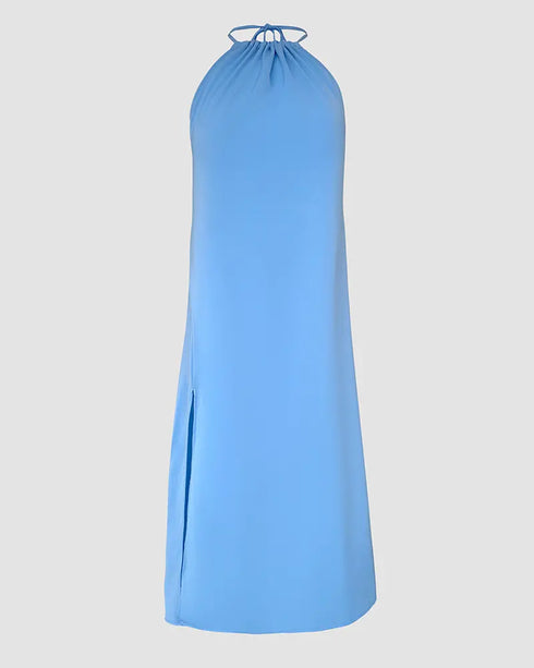 Halter Sleeveless Backless Maxi Dress Casual Shirred Back Side Slit Vacation Dress blue
