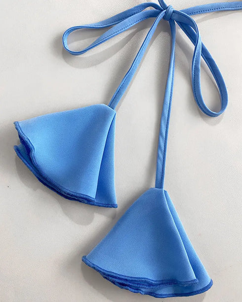 Halter Sleeveless Backless Maxi Dress Casual Shirred Back Side Slit Vacation Dress blue