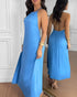 Halter Sleeveless Backless Maxi Dress Casual Shirred Back Side Slit Vacation Dress blue
