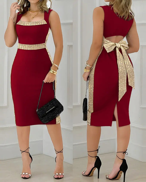 Pearls Decor Thick Strap Backless Slit Back Tank Dress Zipper Back Bodycon Dress With Belt Wine red