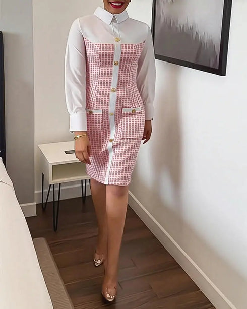 Single Breasted Decor Turn-down Collar Tweed Spliced 2 In 1 Midi Dress Zipper Back Slit Slim Fit Commuting Dress red