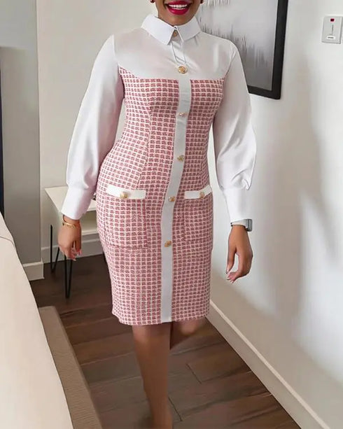 Single Breasted Decor Turn-down Collar Tweed Spliced 2 In 1 Midi Dress Zipper Back Slit Slim Fit Commuting Dress red