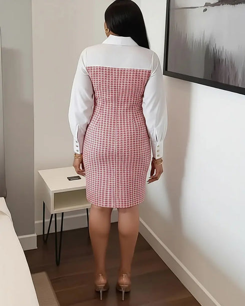 Single Breasted Decor Turn-down Collar Tweed Spliced 2 In 1 Midi Dress Zipper Back Slit Slim Fit Commuting Dress red