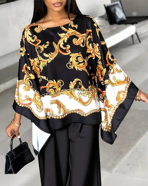 2 Pieces Outfit Baroque Print Batwing Sleeve Loose Top and Casual Elastic Waist Straight Leg Pants Set black