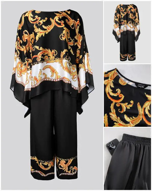 2 Pieces Outfit Baroque Print Batwing Sleeve Loose Top and Casual Elastic Waist Straight Leg Pants Set black