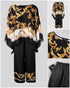 2 Pieces Outfit Baroque Print Batwing Sleeve Loose Top and Casual Elastic Waist Straight Leg Pants Set black