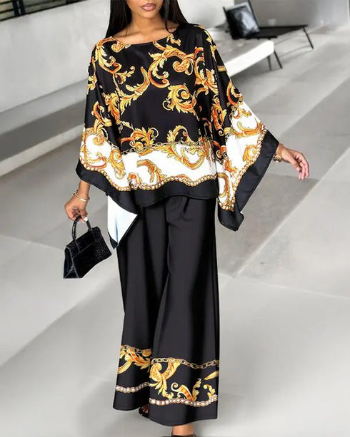2 Pieces Outfit Baroque Print Batwing Sleeve Loose Top and Casual Elastic Waist Straight Leg Pants Set black