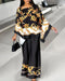 2 Pieces Outfit Baroque Print Batwing Sleeve Loose Top and Casual Elastic Waist Straight Leg Pants Set black