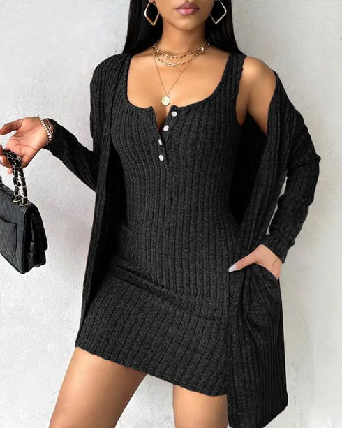 2 Pieces Outfit U-Neck Thick Strap Button Front Slim Fit Ribbed Knit Dress and Casual Long Sleeve Pockets Design Open Front Cardigan Coat Set black