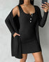 2 Pieces Outfit U-Neck Thick Strap Button Front Slim Fit Ribbed Knit Dress and Casual Long Sleeve Pockets Design Open Front Cardigan Coat Set black