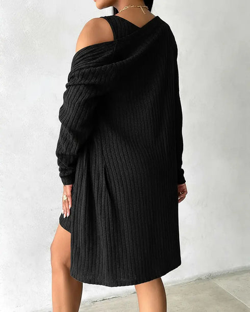 2 Pieces Outfit U-Neck Thick Strap Button Front Slim Fit Ribbed Knit Dress and Casual Long Sleeve Pockets Design Open Front Cardigan Coat Set black