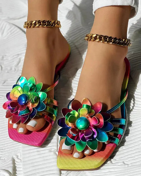 Rainbow Ombre Floral Pattern Slippers Multicolor