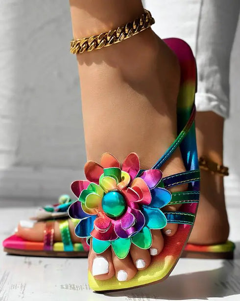 Rainbow Ombre Floral Pattern Slippers Multicolor