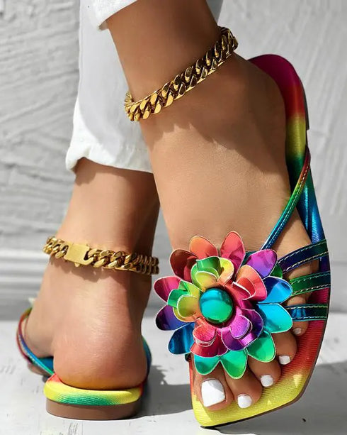 Rainbow Ombre Floral Pattern Slippers Multicolor