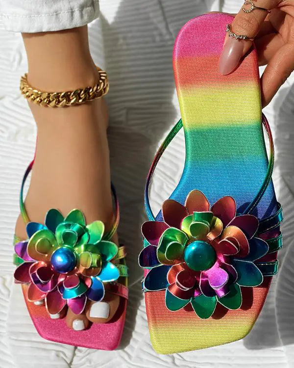 Rainbow Ombre Floral Pattern Slippers Multicolor