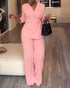 2 Pieces Outfit Overlap Shawl Collar Lace-up Side Cinched Waist Coat and Elastic Back Waist Wide Leg Pants Set Casual Blazer Set pink