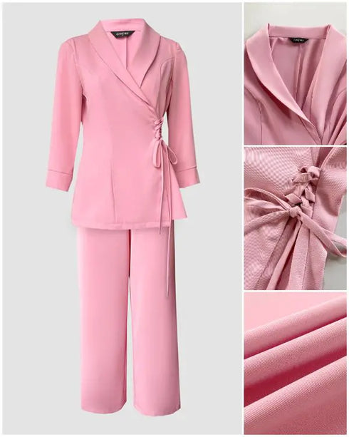 2 Pieces Outfit Overlap Shawl Collar Lace-up Side Cinched Waist Coat and Elastic Back Waist Wide Leg Pants Set Casual Blazer Set pink