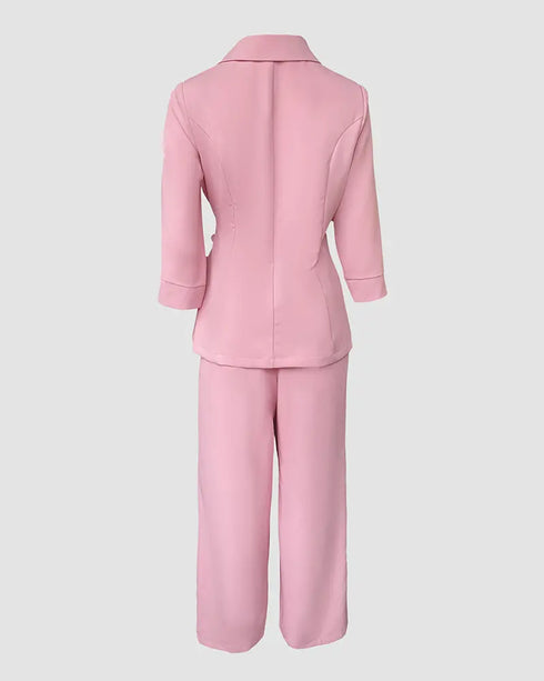 2 Pieces Outfit Overlap Shawl Collar Lace-up Side Cinched Waist Coat and Elastic Back Waist Wide Leg Pants Set Casual Blazer Set pink