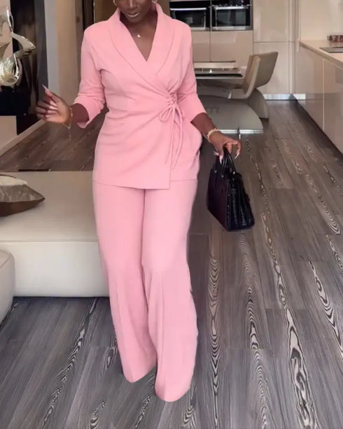 2 Pieces Outfit Overlap Shawl Collar Lace-up Side Cinched Waist Coat and Elastic Back Waist Wide Leg Pants Set Casual Blazer Set pink