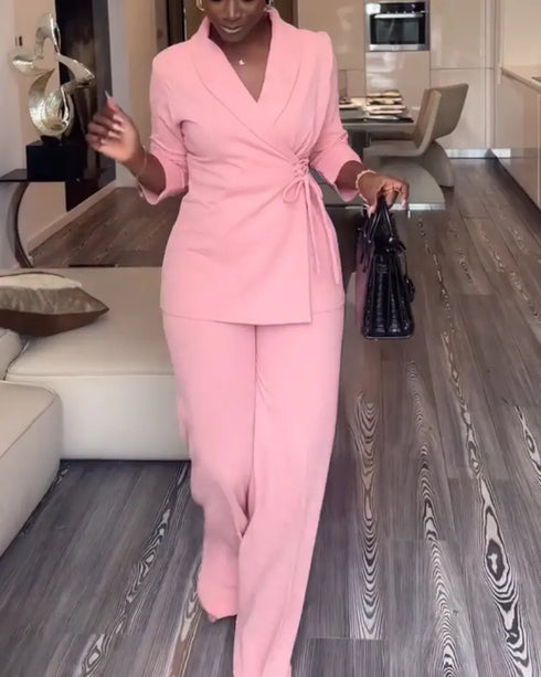 2 Pieces Outfit Overlap Shawl Collar Lace-up Side Cinched Waist Coat and Elastic Back Waist Wide Leg Pants Set Casual Blazer Set pink