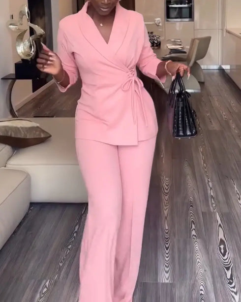 2 Pieces Outfit Overlap Shawl Collar Lace-up Side Cinched Waist Coat and Elastic Back Waist Wide Leg Pants Set Casual Blazer Set pink