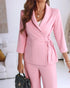 2 Pieces Outfit Overlap Shawl Collar Lace-up Side Cinched Waist Coat and Elastic Back Waist Wide Leg Pants Set Casual Blazer Set pink