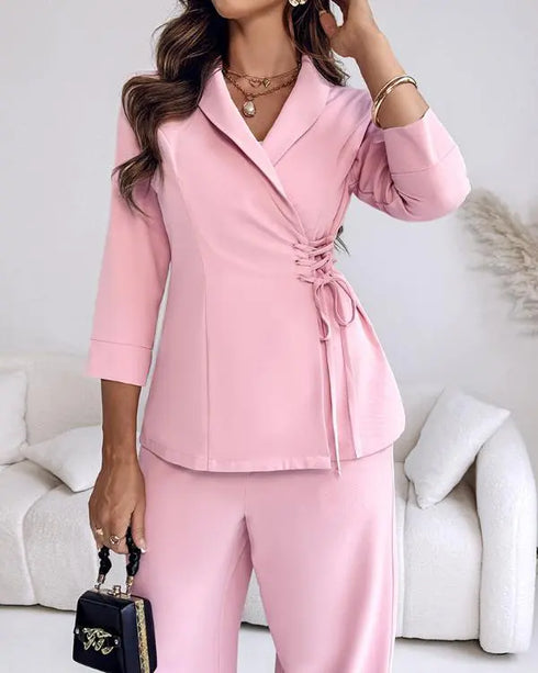 2 Pieces Outfit Overlap Shawl Collar Lace-up Side Cinched Waist Coat and Elastic Back Waist Wide Leg Pants Set Casual Blazer Set pink