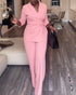 2 Pieces Outfit Overlap Shawl Collar Lace-up Side Cinched Waist Coat and Elastic Back Waist Wide Leg Pants Set Casual Blazer Set pink