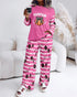 2 Pieces Outfit Reindeer Print Long Sleeve Drop Shoulder Top and Christmas Print Colorblock Elastic Waist Pants Set Casual Pajamas Set hot pink