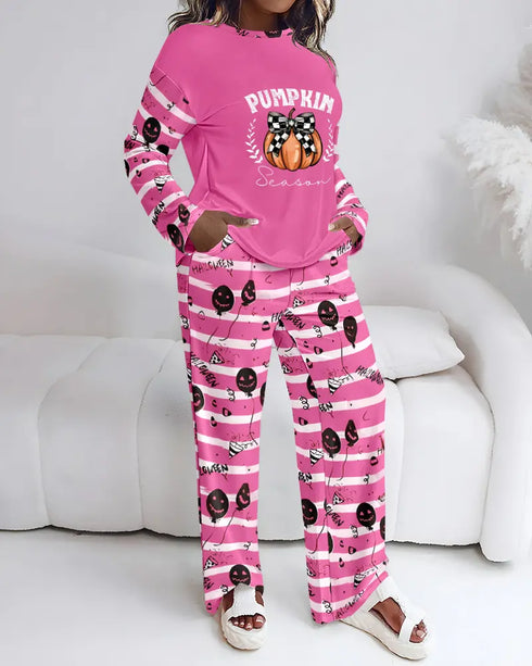 2 Pieces Outfit Rhinestone Christmas Santa Hat & Wine Glass Graphic Plaid Print Spliced Colorblock Long Sleeve Top and Plaid Print Elastic Waist Pants Set Casual Pajamas Set hot pink