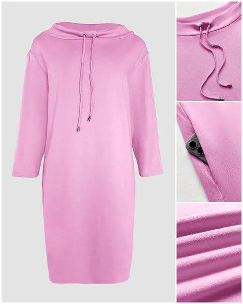 Stand Collar Sequin Long Sleeve Drawstring Casual Mini Straight Dress pink
