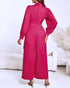 Metal Ring Decor Overlap V-Neck Lantern Sleeve Zipper Back Jumpsuit Casual Cinched Waist Wide Leg Jumpsuit hot pink