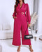 Metal Ring Decor Overlap V-Neck Lantern Sleeve Zipper Back Jumpsuit Casual Cinched Waist Wide Leg Jumpsuit hot pink