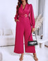 Metal Ring Decor Overlap V-Neck Lantern Sleeve Zipper Back Jumpsuit Casual Cinched Waist Wide Leg Jumpsuit hot pink