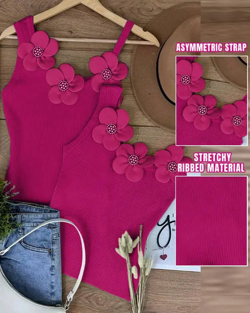 1PC Floral Pattern Beaded Decor Knit Tank Top Sleeveless Shirt hot pink