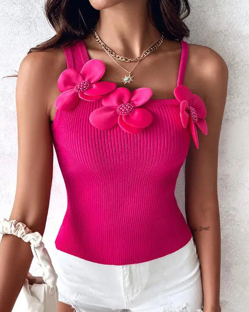 1PC Floral Pattern Beaded Decor Knit Tank Top Sleeveless Shirt hot pink
