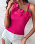 2 Pack Solid 3D Flower Tank Top Asymmetrical Neck Sleeveless Casual Ribbed Knit Camisole hot pink