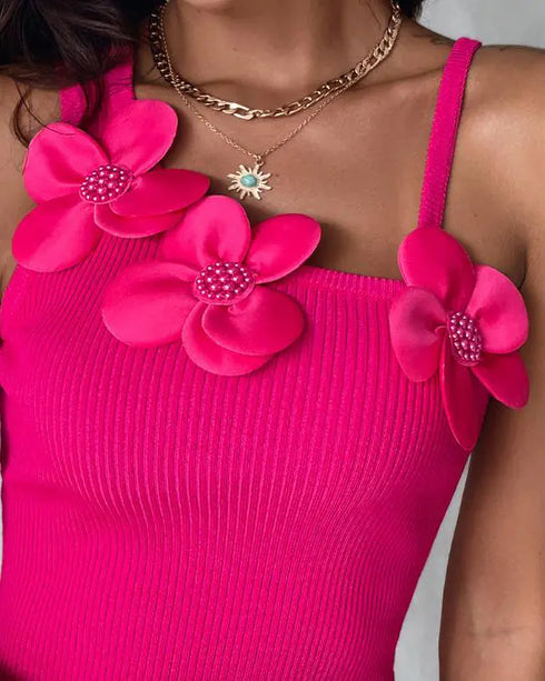 2 Pack Solid 3D Flower Tank Top Asymmetrical Neck Sleeveless Casual Ribbed Knit Camisole hot pink