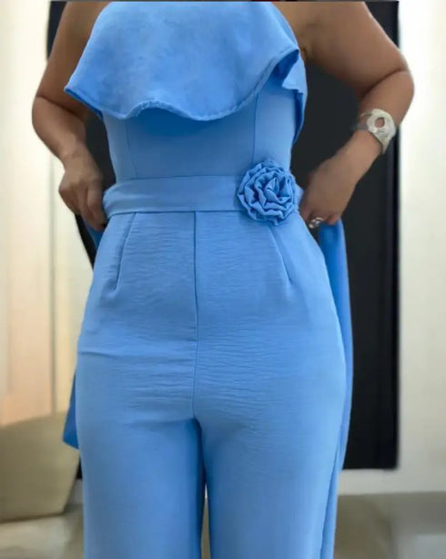 Bandeau Sleeveless Tied Detail Ruffles Romper blue