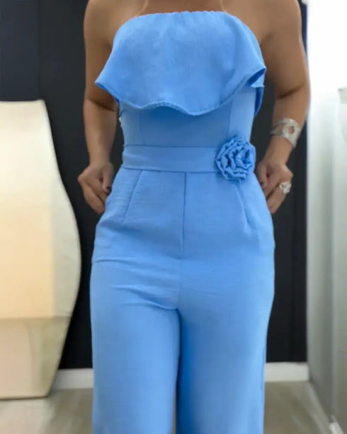 Bandeau Sleeveless Tied Detail Ruffles Romper blue