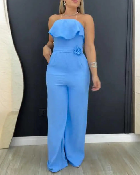 Bandeau Sleeveless Tied Detail Ruffles Romper blue