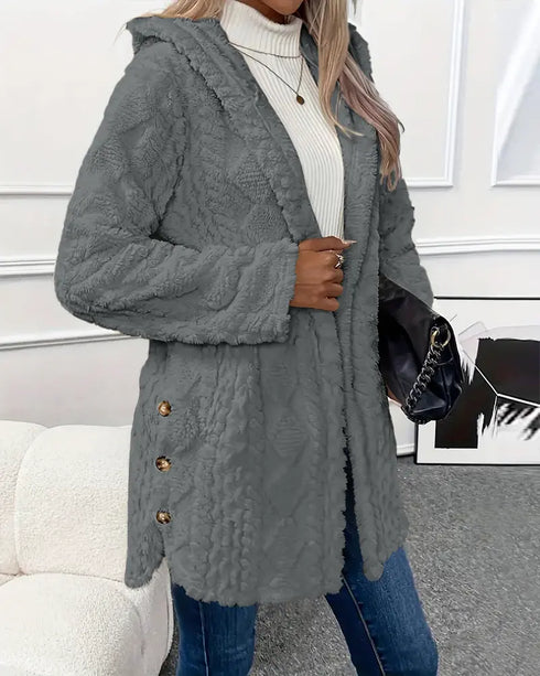 Argyle Textured Button Down Side Slit Long Sleeve Fleece Teddy Coat Hooded Jacket Warm Outwear Dark grey