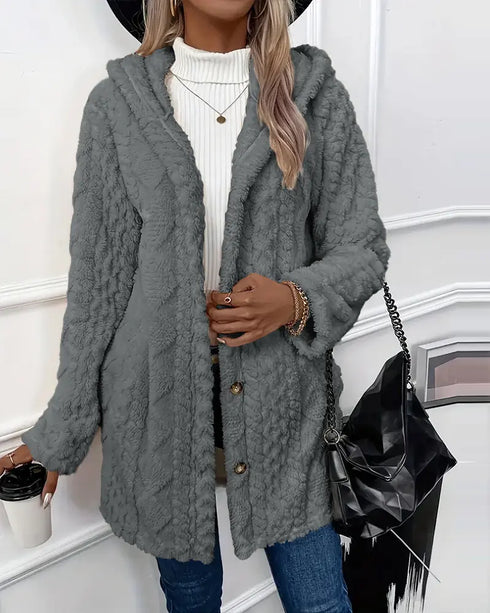 Argyle Textured Button Down Side Slit Long Sleeve Fleece Teddy Coat Hooded Jacket Warm Outwear Dark grey