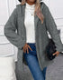 Argyle Textured Button Down Side Slit Long Sleeve Fleece Teddy Coat Hooded Jacket Warm Outwear Dark grey