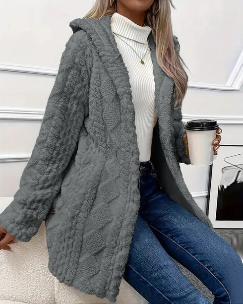Argyle Textured Button Down Side Slit Long Sleeve Fleece Teddy Coat Hooded Jacket Warm Outwear Dark grey