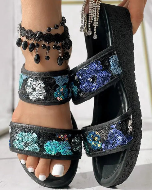 Floral Pattern Contrast Sequin Wedge Sandals black