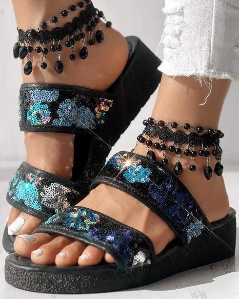 Floral Pattern Contrast Sequin Wedge Sandals black